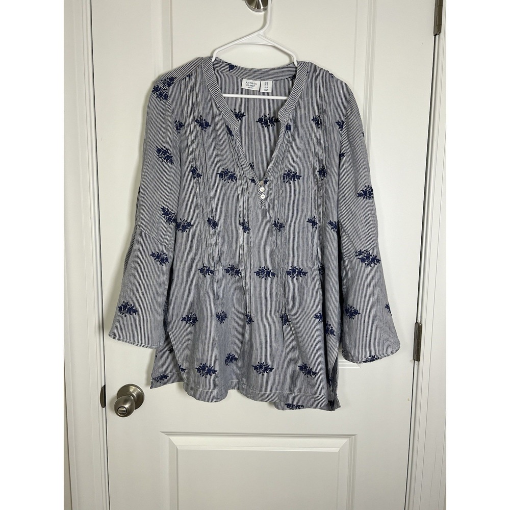Antibes Blanc Women's 100% Linen Blouse Embroidered Floral Size 1X Coastal Beach